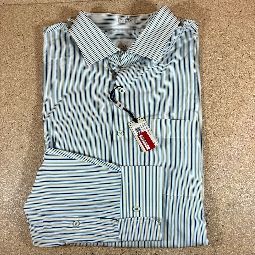 NWT Peter Millar Crown Mens XXL Blue Stripe Button Down Dress Shirt Long Sleeve